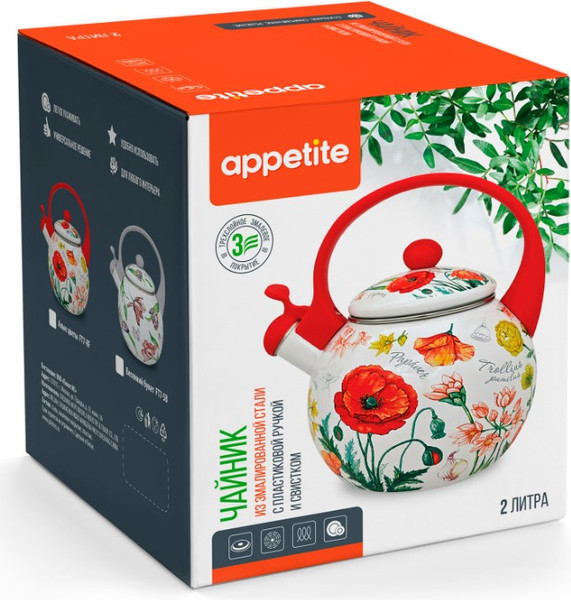 Изображение товара Чайник со свистком Appetite Алые цветы FT7-RF