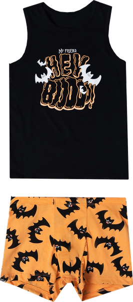 Изображение товара Комплект бельевой детский Mark Formelle 443002 (р.122-60-54, черный/летучие мыши на оранжевом)