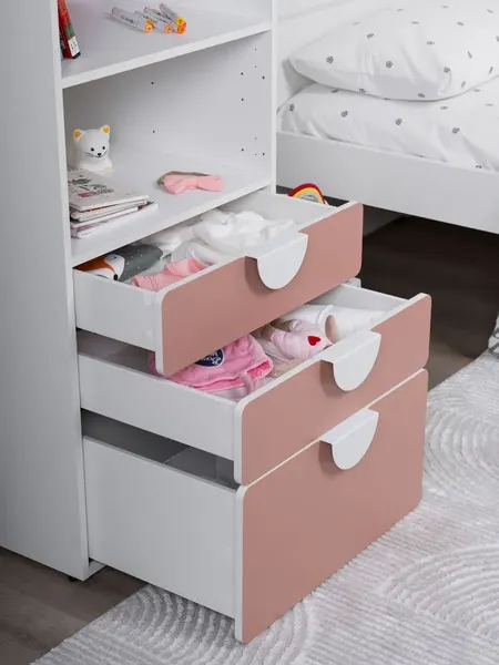 Изображение товара Стеллаж Mebelain Пикси 120 с 3 ящиками (мечтательный розовый)