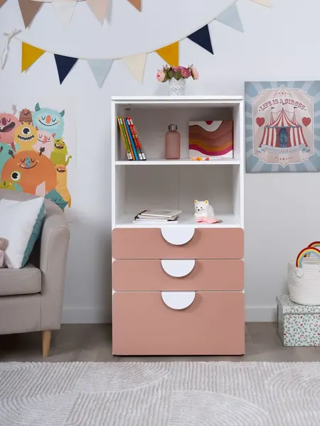 Изображение товара Стеллаж Mebelain Пикси 120 с 3 ящиками (мечтательный розовый)