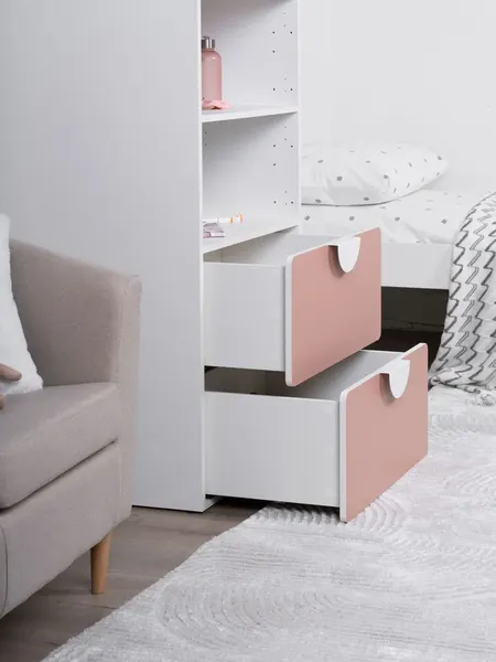 Изображение товара Стеллаж Mebelain Пикси 180 с 2 ящиками (мечтательный розовый)