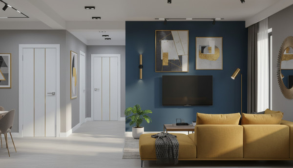 Изображение товара Дверь межкомнатная Юни Эмаль Line 4 80х200 (белый/золотистый)