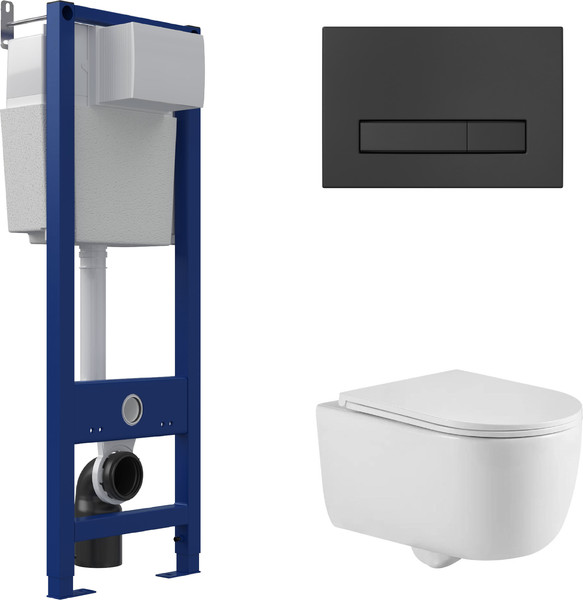 Изображение товара Инсталляция с унитазом подвесным Berges Tornas Rimless + Atom 410 / АТ-043329 (с кнопкой Atom Line Soft Touch черный)