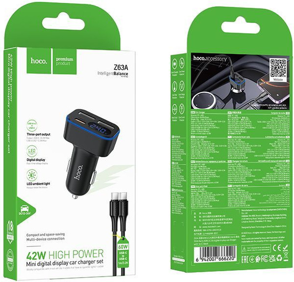 Изображение товара Зарядное устройство автомобильное Hoco Z63A + кабель Type-C-Type-C (черный)