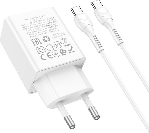 Изображение товара Зарядное устройство сетевое Hoco N70+кабель Type-C-Type-C (белый)