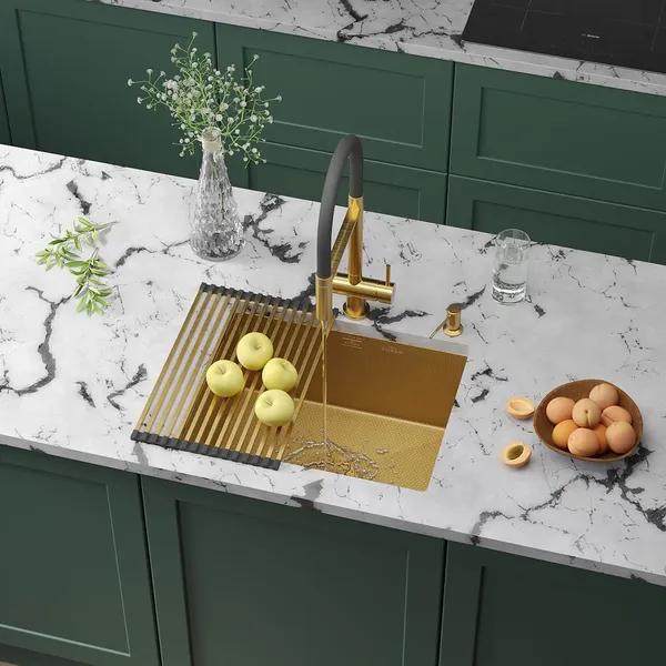 Изображение товара Мойка кухонная Roxen Uno 560210-54-GS под столешницу с ролл-матом и дозатором (золото текстурное)