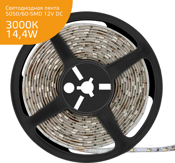 Изображение товара Светодиодная лента Gauss LED Elementary 5050/60 12V 14.4W 3000K 10mm IP20 / 355000114 (5м)
