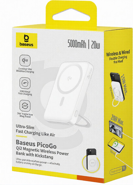 Портативное зарядное устройство Baseus PicoGo Qi2 Magnetic PPPG-0520S / P10076800213-01 (лунный белый) — фото 6