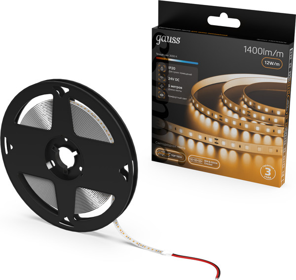 Изображение товара Светодиодная лента Gauss LED 2835/120 24V 12W/m 1400lm/m 3000K 8mm IP20 / 23637032010 (5м)