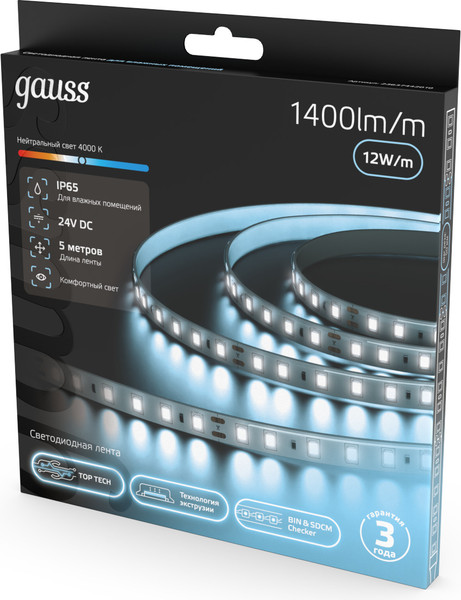 Изображение товара Светодиодная лента Gauss LED 2835/120 24V 12W/m 1400lm/m 4000K 8mm IP65 / 23637442010 (5м)