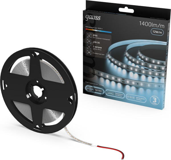 Изображение товара Светодиодная лента Gauss LED 2835/120 24V 12W/m 1400lm/m 4000K 8mm IP65 / 23637442010 (5м)