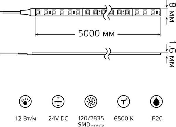 Изображение товара Светодиодная лента Gauss LED 2835/120 24V 12W/m 1400lm/m 6500K 8mm IP20 / 23637052010 (5м)