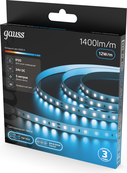 Изображение товара Светодиодная лента Gauss LED 2835/120 24V 12W/m 1400lm/m 6500K 8mm IP20 / 23637052010 (5м)
