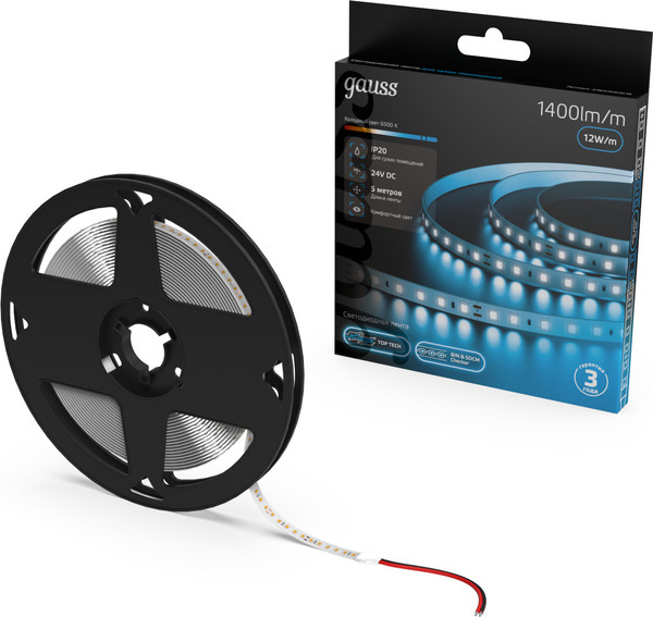 Изображение товара Светодиодная лента Gauss LED 2835/120 24V 12W/m 1400lm/m 6500K 8mm IP20 / 23637052010 (5м)