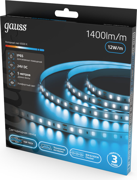 Изображение товара Светодиодная лента Gauss LED 2835/120 24V 10W/m 1400lm/m 6500K 8mm IP65 / 23637452010 (5м)