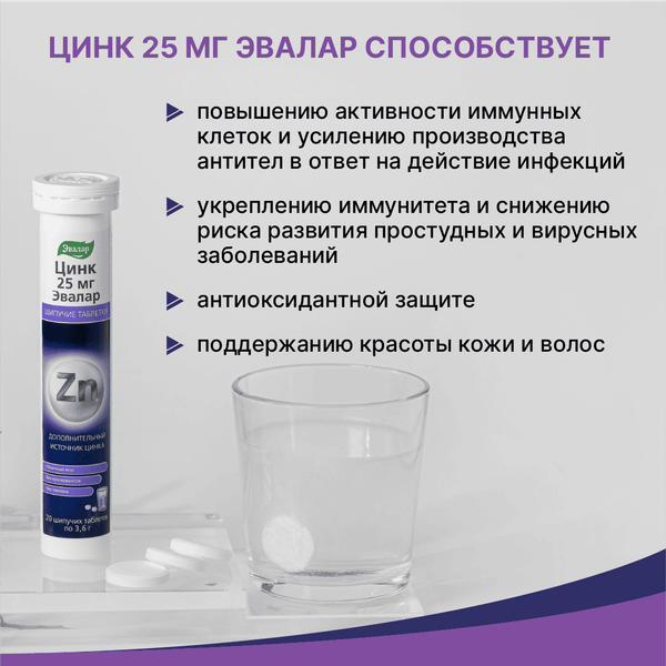 Изображение товара Минерал Эвалар Цинк 25мг (20 таблеток)