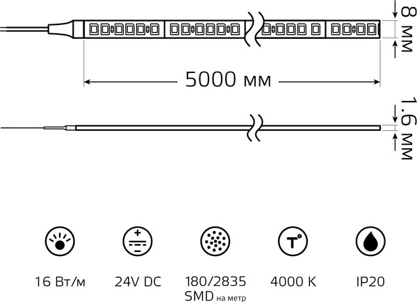 Изображение товара Светодиодная лента Gauss LED 2835/180 24V 16W/m 1800lm/m 4000K 8mm IP20 / 23637042014 (5м)