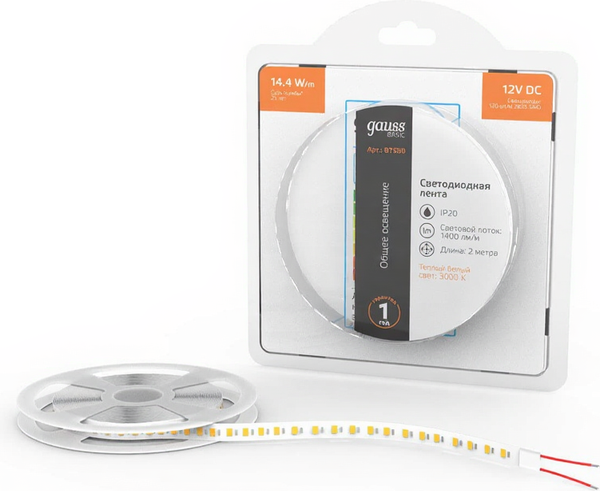 Изображение товара Светодиодная лента Gauss Basic LED 2835/120 12V 14.4W/m 1400lm/m 3000K 8mm IP20 / BT080 (2м)
