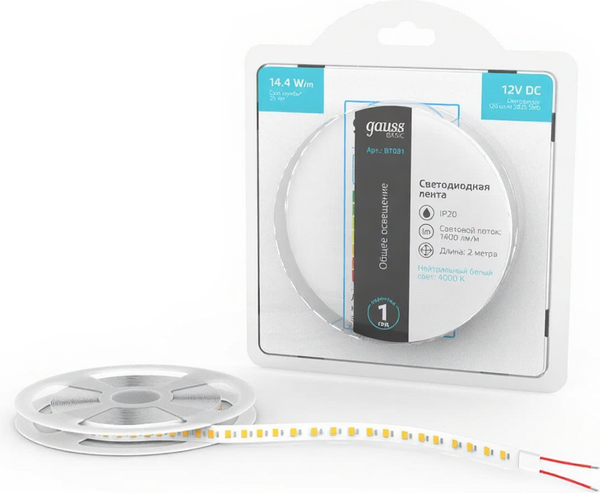 Изображение товара Светодиодная лента Gauss Basic LED 2835/120 12V 14.4W/m 1400lm/m 4000K 8mm IP20 / BT081 (2м)