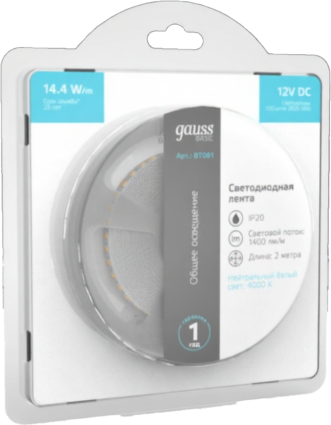 Изображение товара Светодиодная лента Gauss Basic LED 2835/120 12V 14.4W/m 1400lm/m 4000K 8mm IP20 / BT081 (2м)