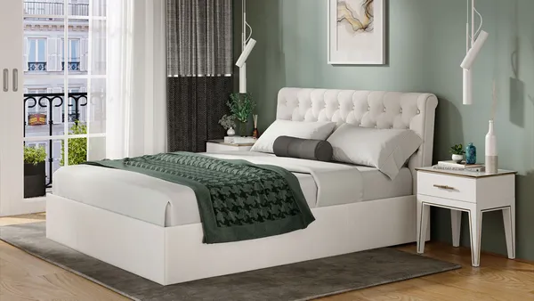 Изображение товара Двуспальная кровать ТриЯ Скарлет универсальная тип 1 с ПМ и заглушиной 160x200 (велюр бежевый)