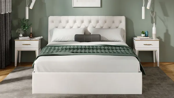 Изображение товара Двуспальная кровать ТриЯ Скарлет универсальная тип 1 с ПМ и заглушиной 160x200 (велюр бежевый)