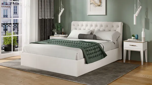 Изображение товара Двуспальная кровать ТриЯ Скарлет универсальная тип 1 с ПМ и заглушиной 160x200 (велюр бежевый)