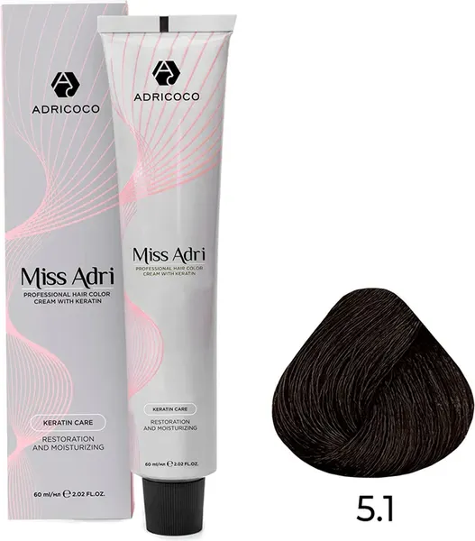 Изображение товара Крем-краска для волос Adricoco Miss Adri 5.1 (100мл, светлый коричневый пепельный)