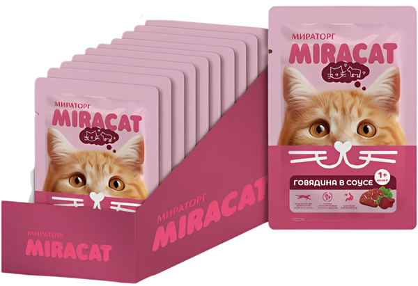 Изображение товара Влажный корм для кошек Мираторг Miracat Для взрослых кошек всех пород с говядиной (28x75г)