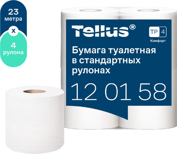 Изображение товара Туалетная бумага Tellus В стандартных рулонах Т4 / 120158 (2сл, 23м, 4рул)