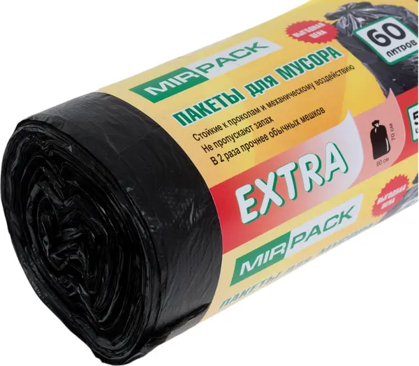 Изображение товара Пакеты для мусора Mirpack Extra 60л 60x70см / 6050850 (50шт, черный)