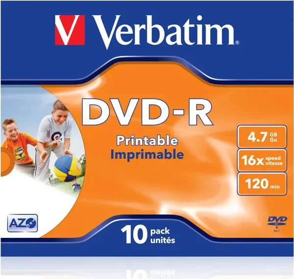 Изображение товара Набор дисков DVD-R Verbatim AZO Wide Inkjet Printable JewelBox 4.7GB 16x / 43521 (10шт)