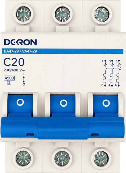 Изображение товара Выключатель автоматический DEKRON ВА47-29 3P С20A 4.5кА / mcb29-3-C20-dek