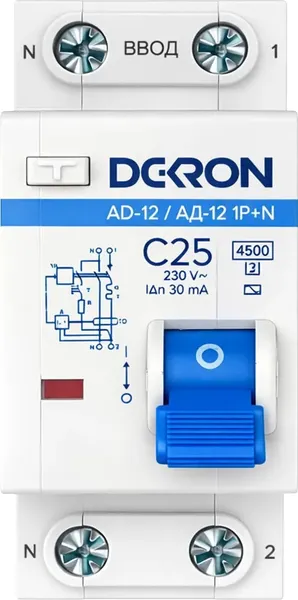 Изображение товара Дифференциальный автомат DEKRON АД12 1P+N С25A АС30мА 4.5kA / ad12-2-C25-30AC-dek
