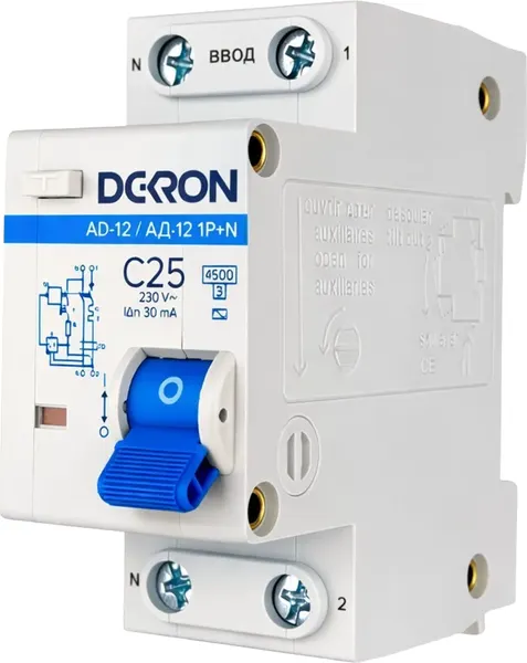 Изображение товара Дифференциальный автомат DEKRON АД12 1P+N С25A АС30мА 4.5kA / ad12-2-C25-30AC-dek