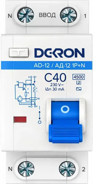 Изображение товара Дифференциальный автомат DEKRON АД12 1P+N C40A АС30мА 4.5kA / ad12-2-C40-30AC-dek