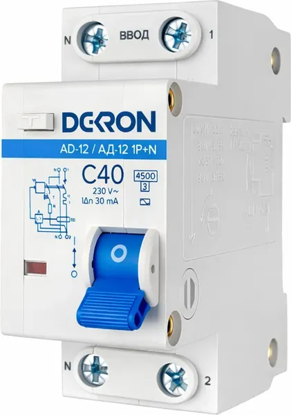 Изображение товара Дифференциальный автомат DEKRON АД12 1P+N C40A АС30мА 4.5kA / ad12-2-C40-30AC-dek