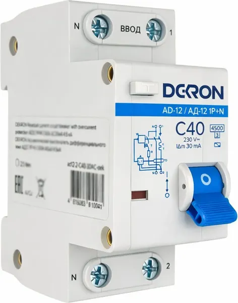 Изображение товара Дифференциальный автомат DEKRON АД12 1P+N C40A АС30мА 4.5kA / ad12-2-C40-30AC-dek
