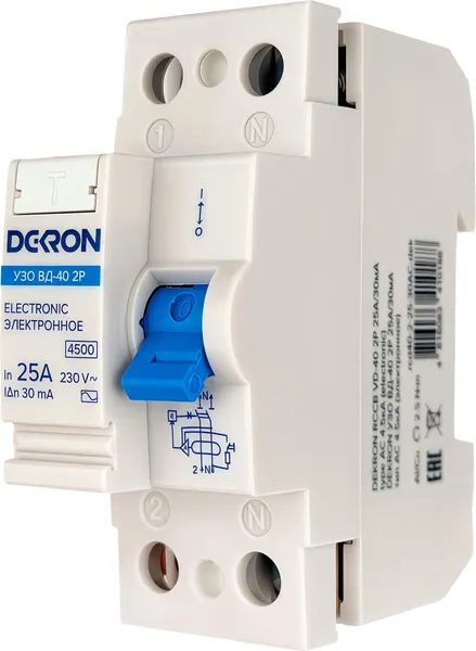 Изображение товара Устройство защитного отключения DEKRON ВД-40 2P 25А/30мА тип АС 4.5кА / rcd40-2-25-30AC-dek 