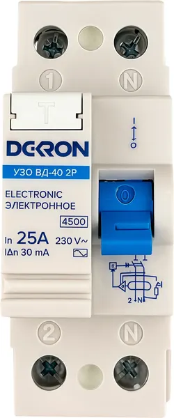 Изображение товара Устройство защитного отключения DEKRON ВД-40 2P 25А/30мА тип АС 4.5кА / rcd40-2-25-30AC-dek 