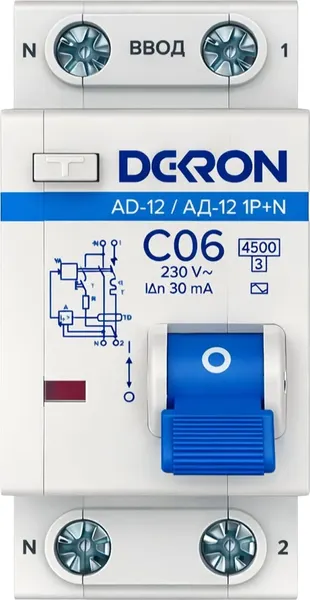 Изображение товара Дифференциальный автомат DEKRON АД12 1P+N С06A АС30мА 4.5kA / ad12-2-C06-30AC-dek