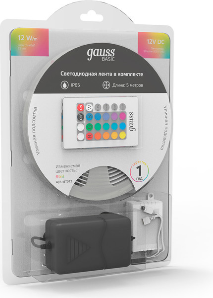 Изображение товара Светодиодная лента Gauss Basic LED 5050/60 12V 12W/m 780lm/m 10mm IP65 / BT072 (5м)
