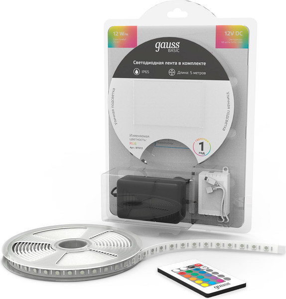 Изображение товара Светодиодная лента Gauss Basic LED 5050/60 12V 12W/m 780lm/m 10mm IP65 / BT072 (5м)