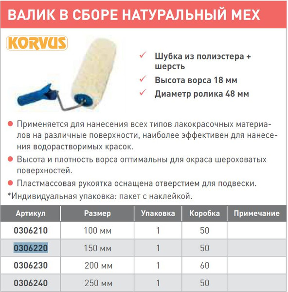 Изображение товара Валик малярный Korvus 150мм под ручку 6мм (натуральный мех)