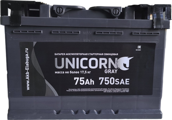 Изображение товара Автомобильный аккумулятор UnicorN Gray (0) 750A L3 6CT-75 / 075 022 K11 UG (75 А/ч)