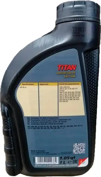 Изображение товара Трансмиссионное масло Fuchs Titan Sintofluid FE 75W API GL-4 / 602183736 (1л)