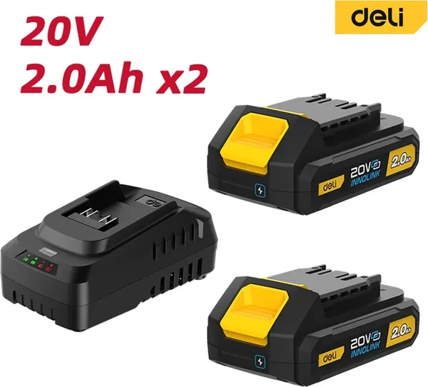 Изображение товара Набор аккумуляторов для электроинструмента Deli 20В 2.0Ач / EDL-CM20A2E (+ зарядное устройство 45Вт)