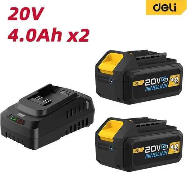 Изображение товара Набор аккумуляторов для электроинструмента Deli 20В 4.0Ач / EDL-CM20A4E (+ зарядное устройство 45 Вт)
