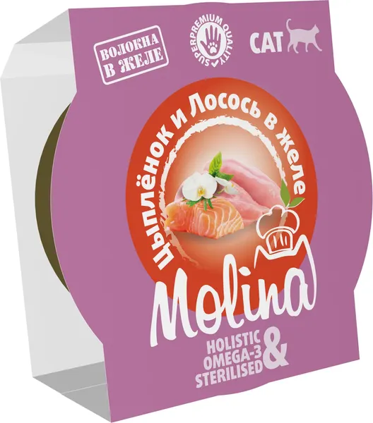 Изображение товара Влажный корм для кошек Molina Цыпленок и лосось в желе (75г)
