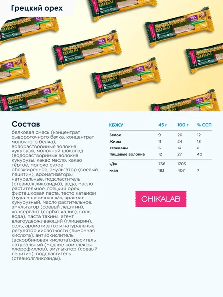 Изображение товара Набор протеиновых батончиков Chikalab Грецкий орех и тесто катаифи (30x45г)